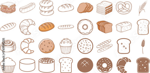 Hand drawn bakery and bread products including croissants, donuts, and loaves of bread