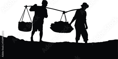 Silhouette of two workers carrying baskets on a pole, teamwork, manual labor, and strength vector illustration