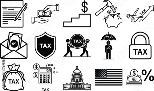 Linear icons representing various tax related concepts including filing, savings, and government finance processes