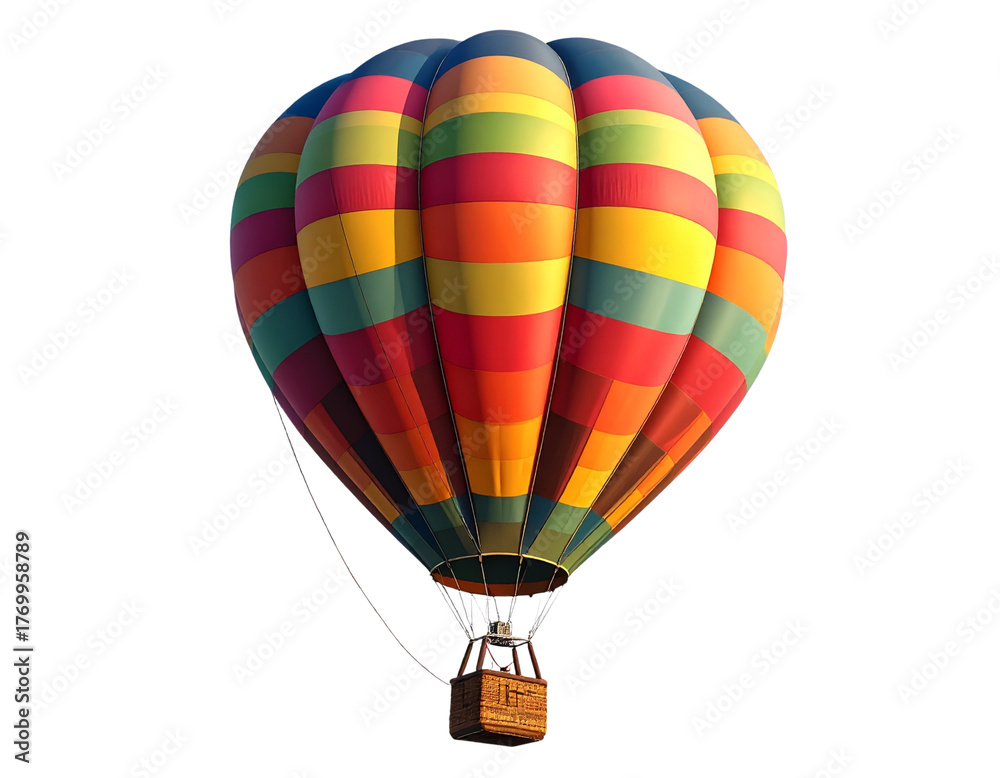 Fototapeta premium Vibrant Rainbow Hot Air Balloon Floating in Clear Blue Sky, Front View, Isolated PNG