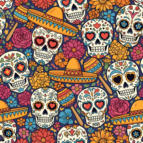 Vibrant Mexican Sugar Skulls, Sombreros, Maracas, and Flowers Seamless Pattern
