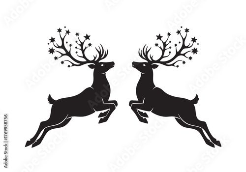 Two black reindeer silhouettes leaping with stars adorning their antlers on a white background scene