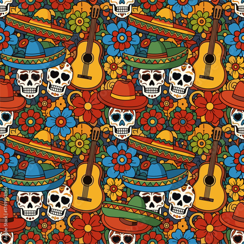 Colorful Mexican Seamless Pattern with Sugar Skulls, Sombreros, Guitars, and Floral Motifs. Festive Day of the Dead Background