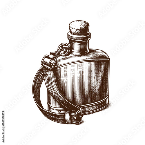 Vintage Military Style Canteen: Classic Engraved Illustration