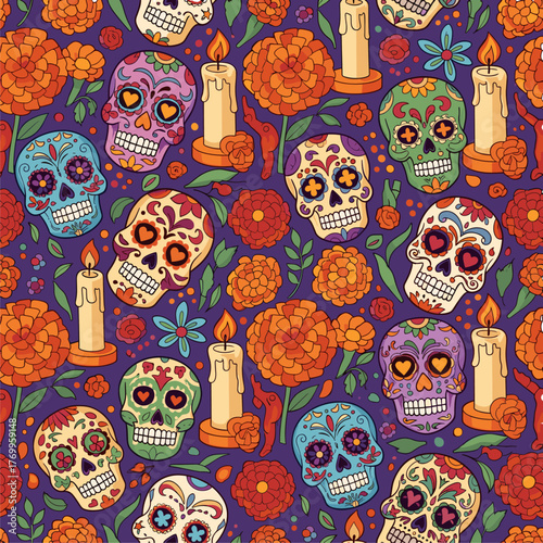 Festive Día de los Muertos seamless pattern with colorful sugar skulls, marigold flowers, and candles on purple background.