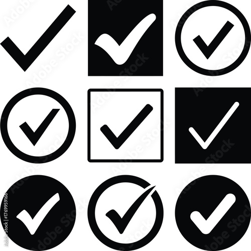 Set of nine distinct checkmark symbols for user interface design and checklist elements
