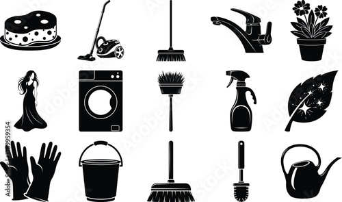 Simple household cleaning tools and gardening equipment silhouettes essential for domestic chores and home maintenance