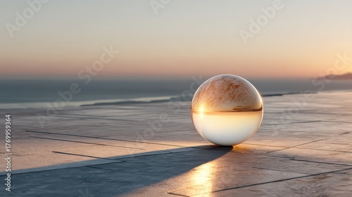 Fototapeta Naklejka Na Ścianę i Meble -  A reflective sphere rests on a surface, capturing the warm glow of a sunset over a serene landscape, creating an intriguing visual contrast.