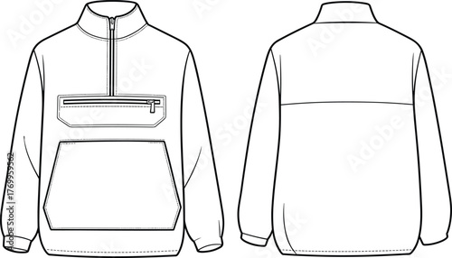 Technical flat sketch of pullover jacket, front and back view, fashion design template, apparel illustration, garment construction, outerwear concept