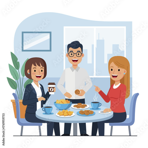 Three happy colleagues enjoying coffee break with snacks at office.