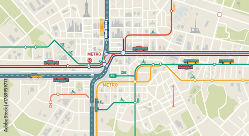 Stylized urban map illustrating a complex network of metro and tram lines with vehicles in motion.