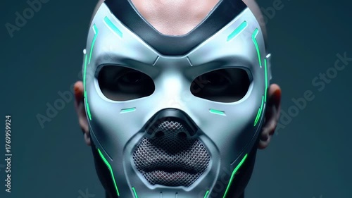 Futuristic masked figure with glowing accents stares intensely into the distance