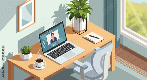 Isometric view of a home office desk with a laptop displaying a video call, a steaming cup of coffee, plants, and a notebook, bathed in natural light from a window.