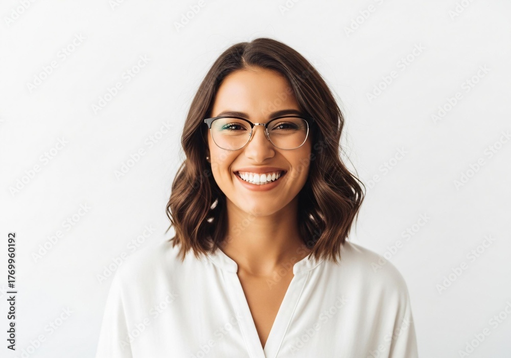 Fototapeta premium Smiling woman with glasses radiates confidence and success