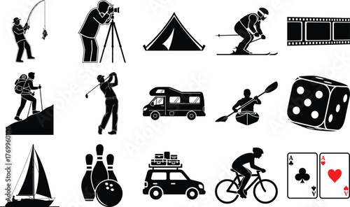 A comprehensive collection of outdoor recreation and leisure activity silhouettes for various adventures and hobbies
