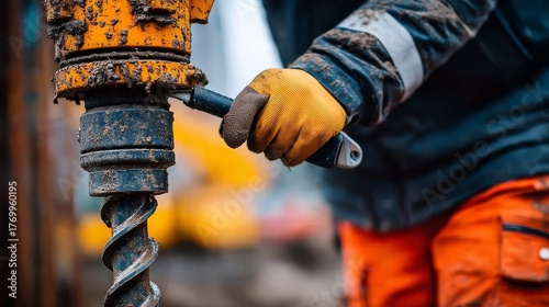 Close-up of worker operating soil testing drill rig at construction site; ground investigation for geotechnical engineering