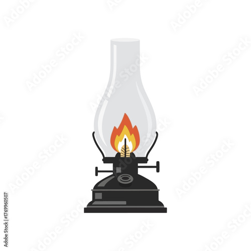 Vintage Kerosene Lamp with Lit Flame Illuminating the Darkness.