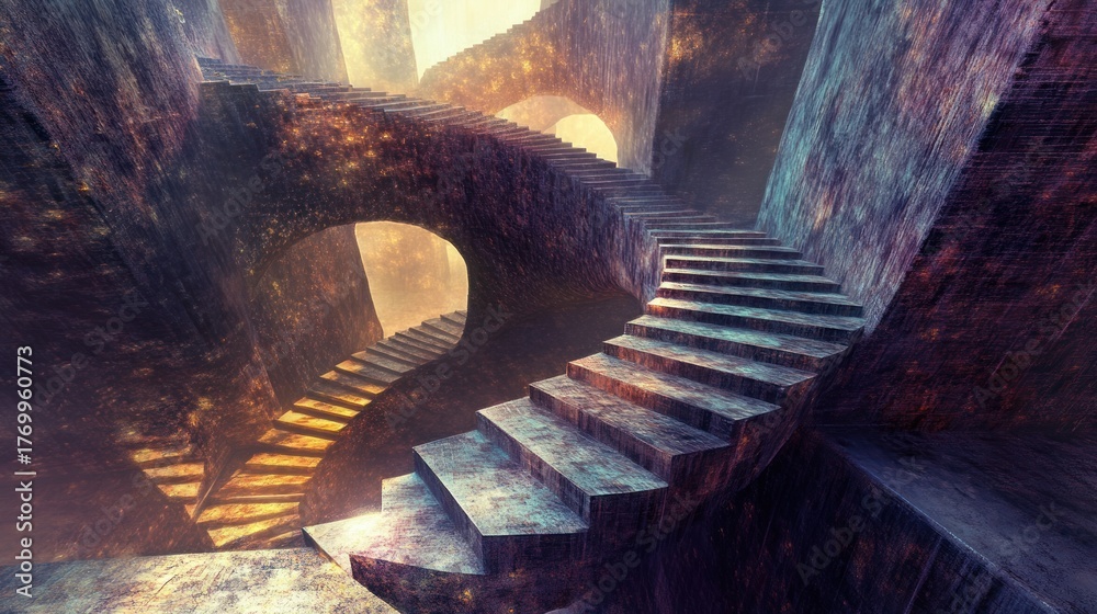 Fototapeta premium Intricate stone spiral staircases in a surreal, glowing underground labyrinth