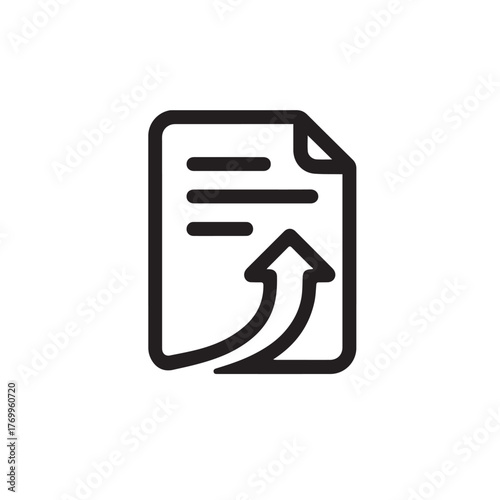 A black and white icon of a document upload isolated on white background