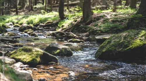 confluence. Two forest streams merging into a single river, blending water currents, mossy rocks, dappled sunlight through trees. ESG reports.