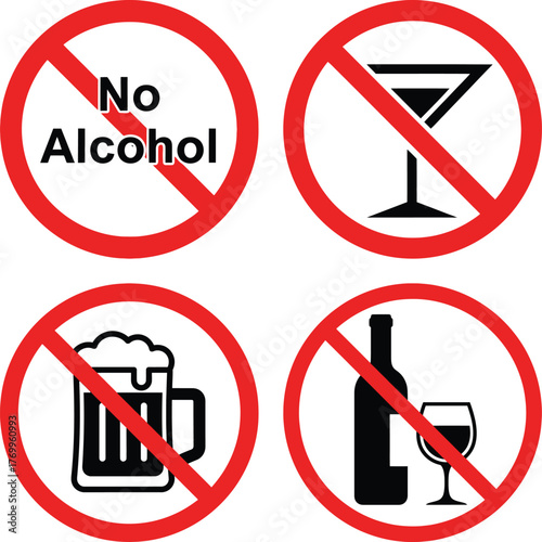 Collection of four red prohibition signs indicating no alcohol consumption with various drink symbols