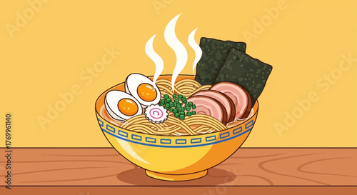 Vector Illustration of Ramen Bowl with Eggs Pork Nori and Noodles in Modern Style with Warm Color Palette