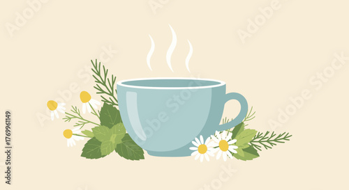 Minimalist Vector Illustration of Hot Tea Cup with Floral Elements in Soft Pastel Colors
