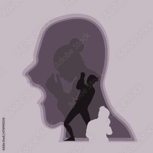 Abused young woman trying to hide. Stop violence against women. Family scandal, domestic violence and abuse. Crying woman harassed by her partner. Aggressive husband blaming and threatening his wife.