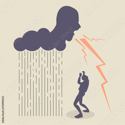 Abused young woman trying to hide. Stop violence against women. Family scandal, domestic violence and abuse. Crying woman harassed by her partner. Aggressive husband blaming and threatening his wife.