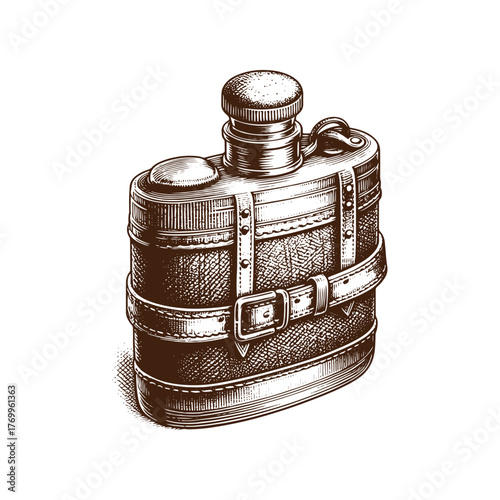 Vintage Military Style Canteen: Classic Engraved Illustration