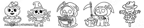 halloween characters set with pumpkin ballerina, witch scarecrow, death with scythe drinking tea from pumpkin teapot, grim reaper eating spooky noodles, and smiling straw doll