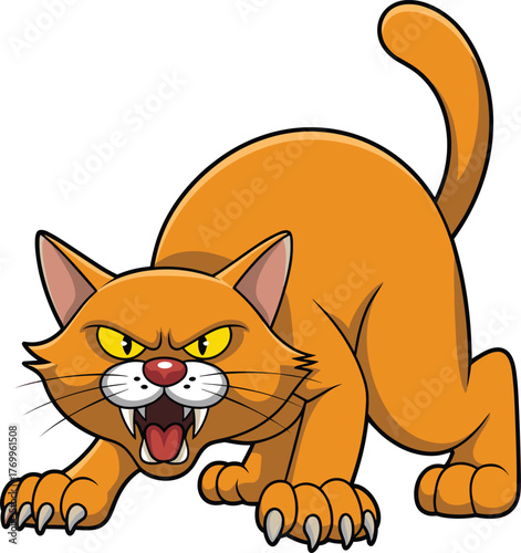Angry cartoon cat, orange fur, arched back, raised tail, sharp teeth, fierce, claws, expressive, aggressive, animal, character, crouched, hostile, animated, intense, defensive, funny, illustration,