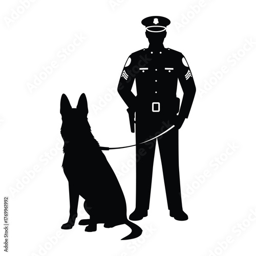 Police Officer and K-9 Dog Silhouette Graphic Representing Law Enforcement and Security