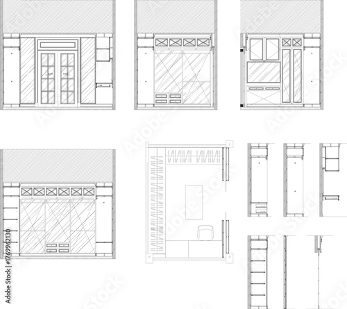 Luxury Walk-in Closet Interior Drawing Design with Glass Wardrobes, Dressing Table, and Safe Box