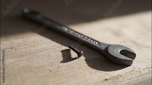 misuse. Wrench with a dented jaw resting beside a bent nail on a wooden surface under soft side lighting. safety posters.