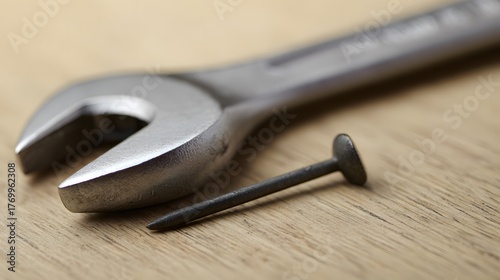 misuse. Wrench with a dented jaw resting beside a bent nail on a wooden surface under soft side lighting. safety posters.