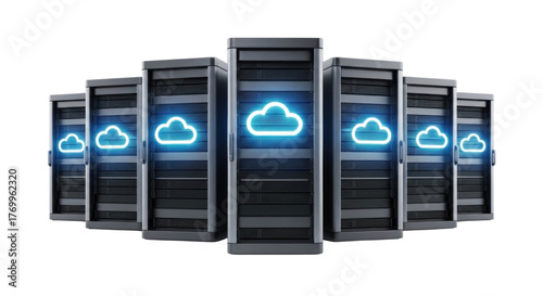 Server racks with cloud icons transparent background cutout png