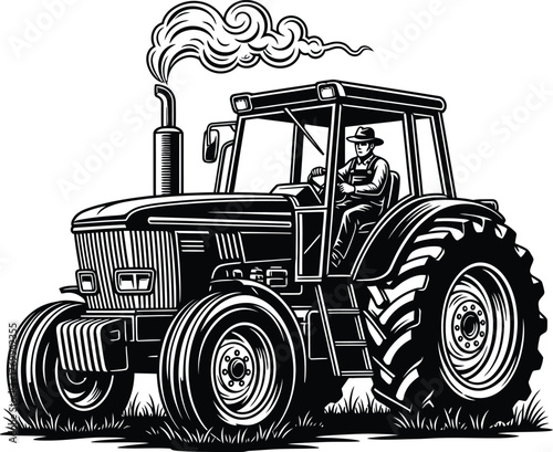 Farmer character in a wide brimmed hat driving a vintage agricultural tractor on a grassy field silhouette