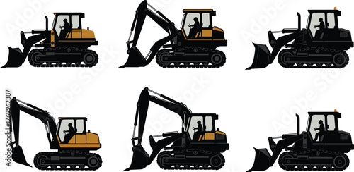 PrintConstruction vehicles illustration set, bulldozer and excavator heavy machinery, industrial equipment, building site machines, engineering transport, vector design collection