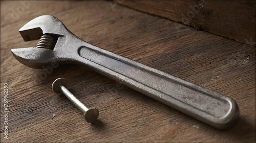 misuse. Wrench with a dented jaw resting beside a bent nail on a wooden surface under soft side lighting. safety posters.