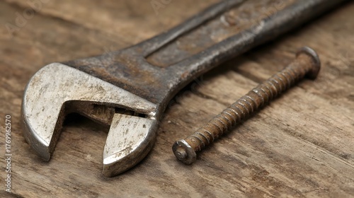 misuse. Wrench with a dented jaw resting beside a bent nail on a wooden surface under soft side lighting. safety posters.
