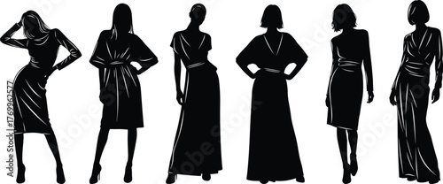 PrintElegant women fashion silhouette illustration, stylish female models posing in modern dresses, beauty, confidence, and style concept vector art