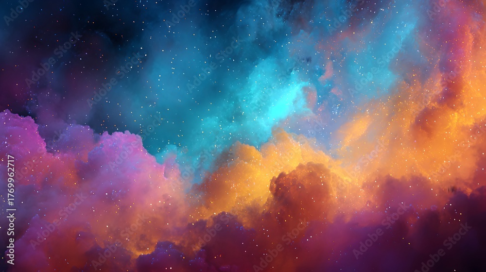 Fototapeta premium Vibrant cosmic clouds display brilliant orange, blue, and magenta hues against a starry field