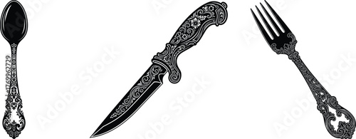 Intricate black silhouette illustrations of ornate vintage cutlery including a spoon, knife, and fork