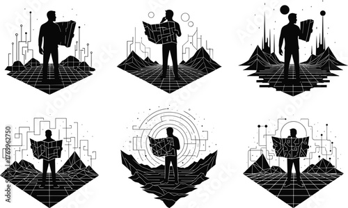 PrintFuturistic man holding digital map, exploring virtual landscape, technology navigation concept, artificial intelligence, innovation, cyber world, data analysis illustration