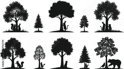 PrintForest animal and tree silhouette collection, wildlife vector design, nature illustration, woodland scene, eco concept, bear, rabbit, fox, bird art