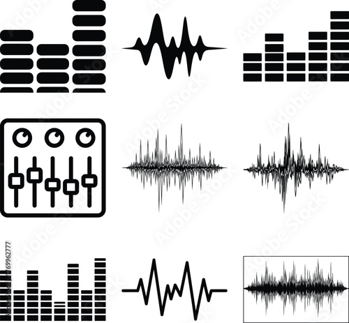 Set of audio equalizer bars and diverse sound wave visualizations for music and technological applications