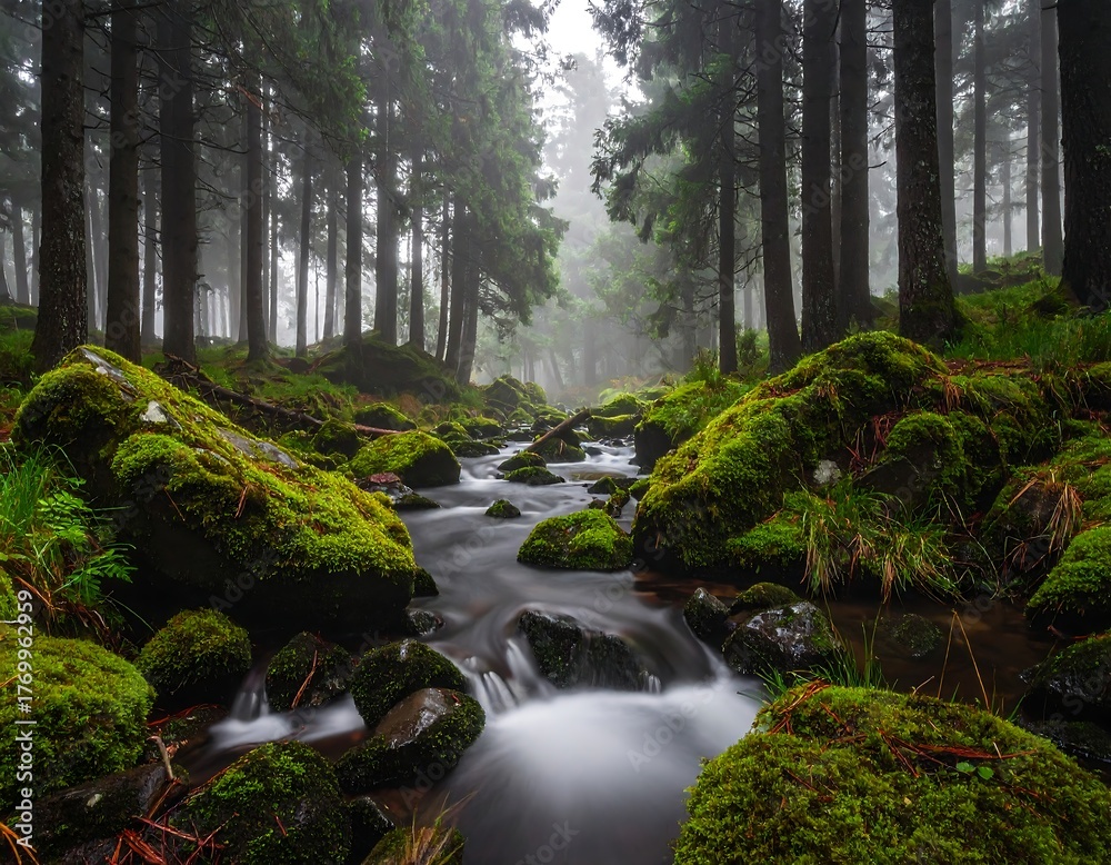 Fototapeta premium Flowing river through a moody, misty, moss-covered forest