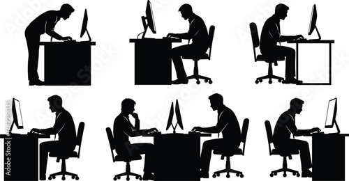PrintOffice worker silhouette illustration, computer desk job vector, employee working graphic, business workplace design, professional office man artwork, technology concept