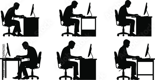 PrintOffice worker silhouette, computer desk job, man working illustration, professional employee posture, workplace design vector, business technology concept, seated office man